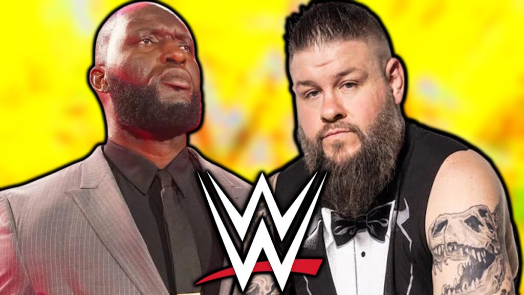 WWE logo, Omos and Kevin Owens