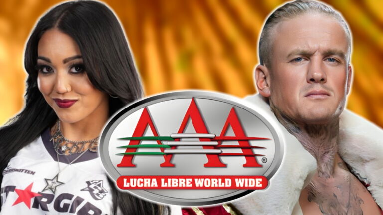 WWE AAA logo with Roxanne Perez and Ilja Dragunov