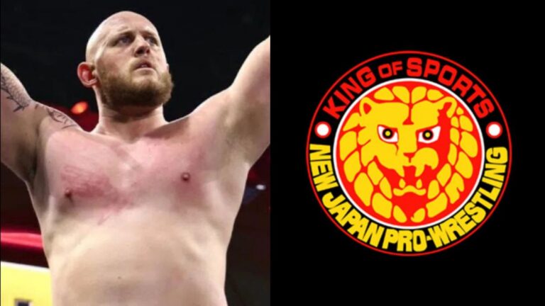 AEW star Gabe Kidd next to the NJPW logo