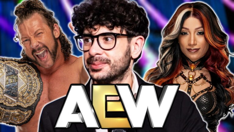 AEW logo with Tony Khan, Kenny Omega and Mercedes Mone