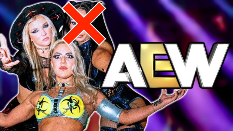 AEW logo with the Triangle of Madness (Thekla, Skye Blue and Julia Hart)