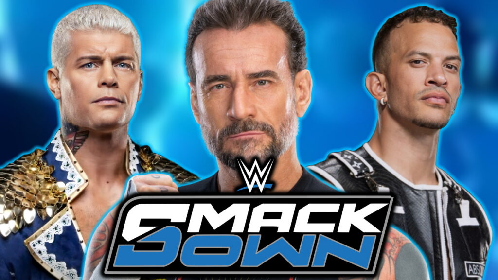 CM Punk, Cody Rhodes and Ricky Saints next to the SmackDown logo