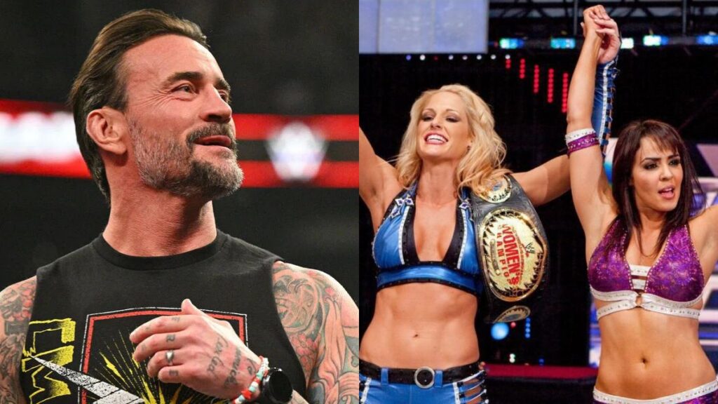 CM Punk next to LayCool (Michelle McCool & Layla) in WWE