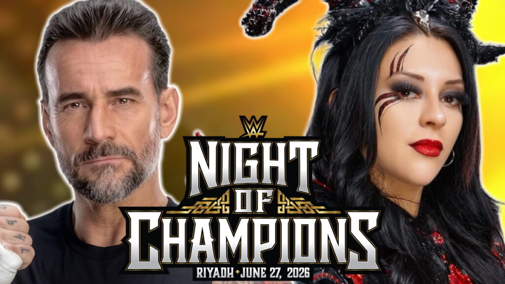 WWE Night of Champions logo with CM Punk and Stephanie Vaquer