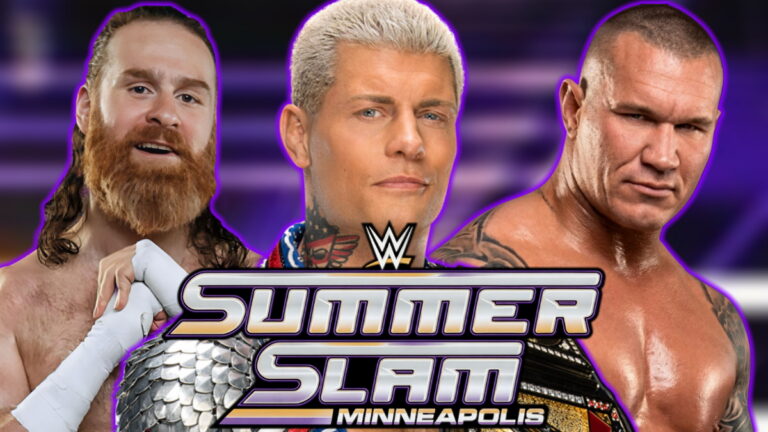 Cody Rhodes, Sami Zayn and Randy Orton and the WWE SummerSlam logo