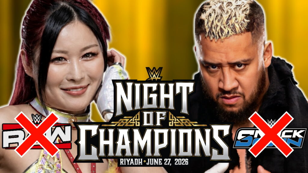 WWE Night of Champions logo with IYO SKY and Solo Sikoa