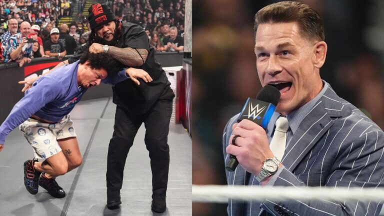 Jacob Fatu manhandles Eric Andre on WWE Raw, next to John Cena
