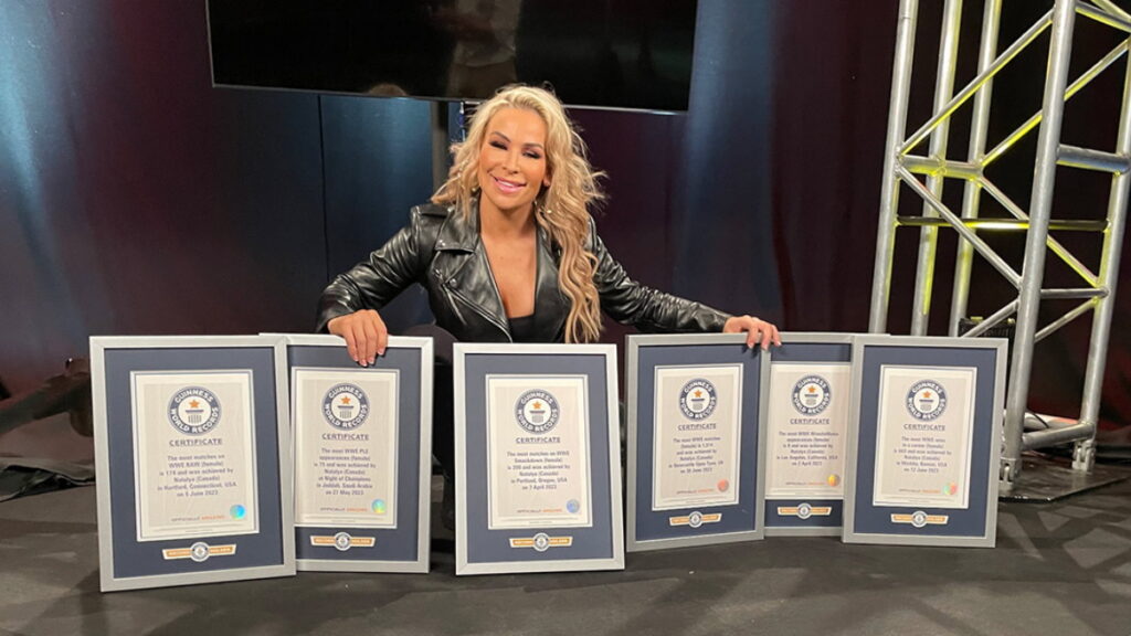 WWE star Natalya (Nattie Neidhart) with her six Guinness World Records