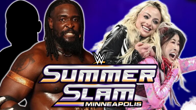 WWE SummerSlam logo with Oba Femi, Liv Morgan and IYO SKY