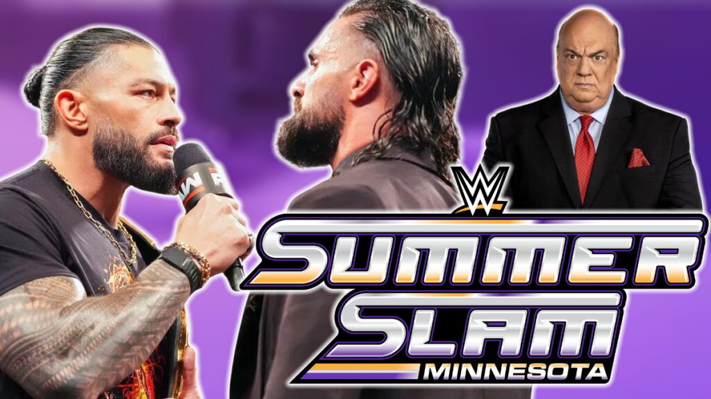 WWE SummerSlam logo with Roman Reigns, Seth Rollins and Paul Heyman