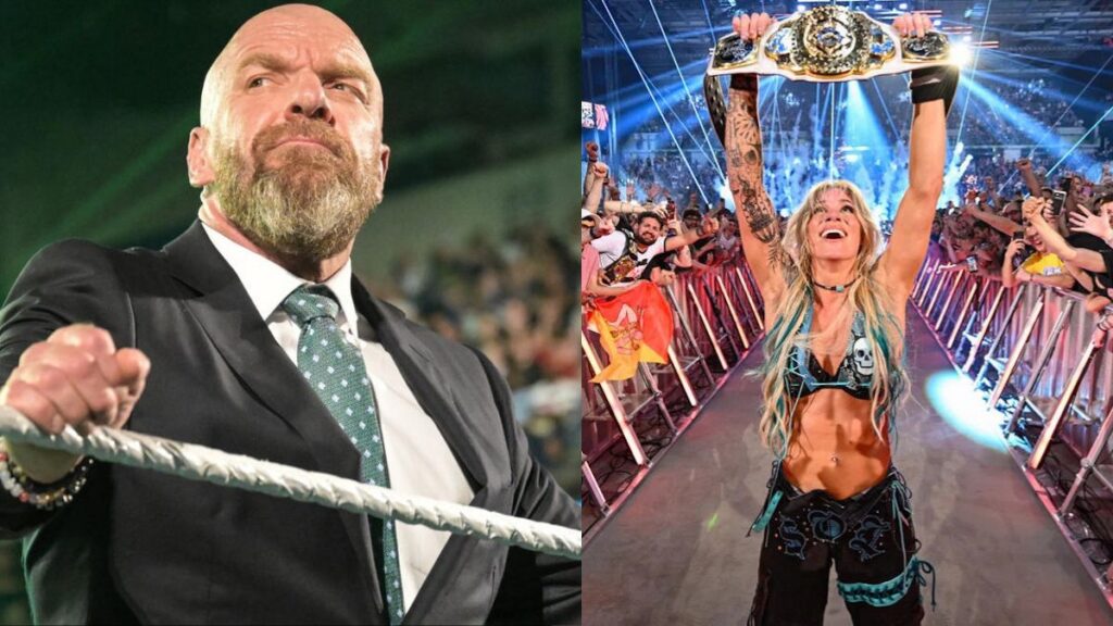 Triple H next to Sol Ruca with the WWE Women's Intercontinental Championship