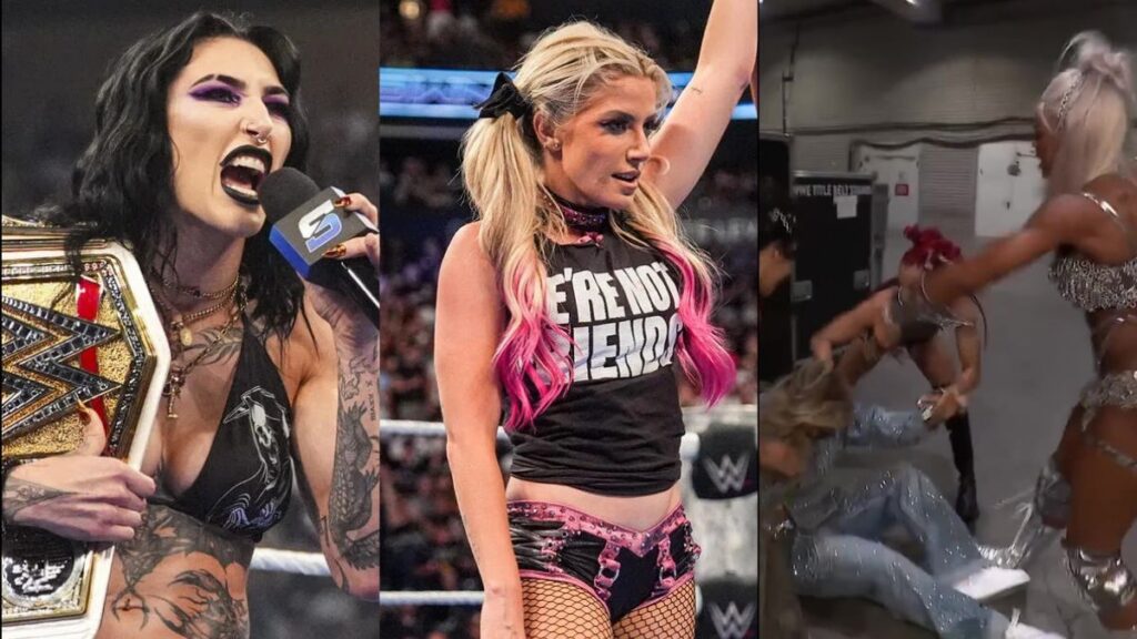 Rhea Ripley, Alexa Bliss next to Jade Cargill attacking Charlotte Flair at WWE Clash in Italy