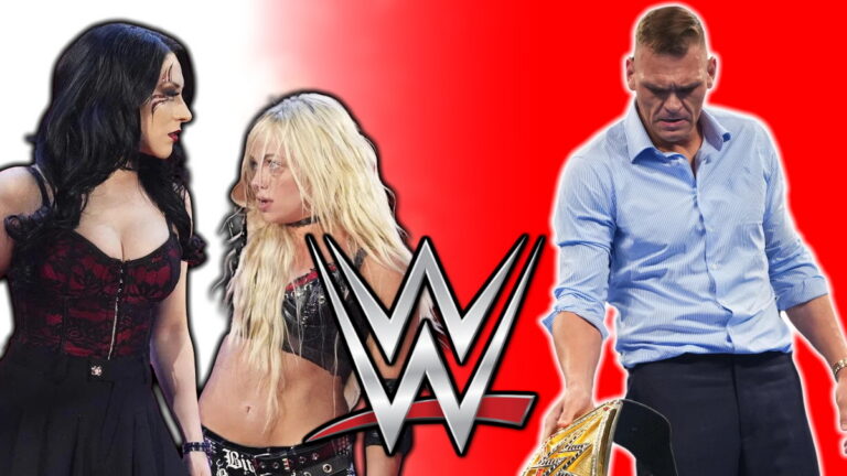 WWE logo with Gunther, Stephanie Vaquer and Liv Morgan