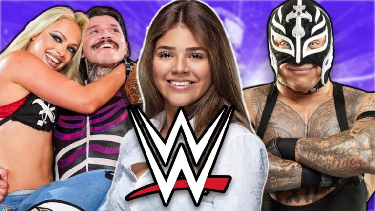 WWE logo with Aalyah Mysterio, Dominik Mysterio, Liv Morgan & Rey Mysterio