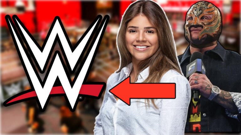 WWE logo with Aalyah Mysterio and Rey Mysterio