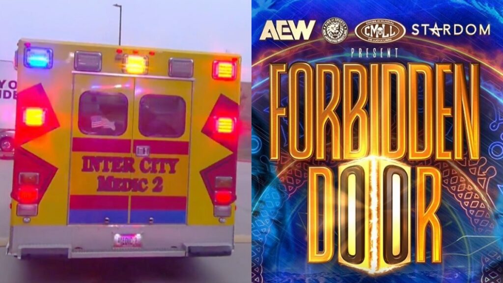 An ambulance next to the AEW Forbidden Door logo