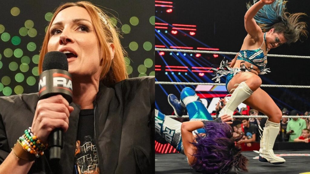 Becky Lynch alongside Lyra Valkyria attacking Bayley on the June 22 WWE Raw