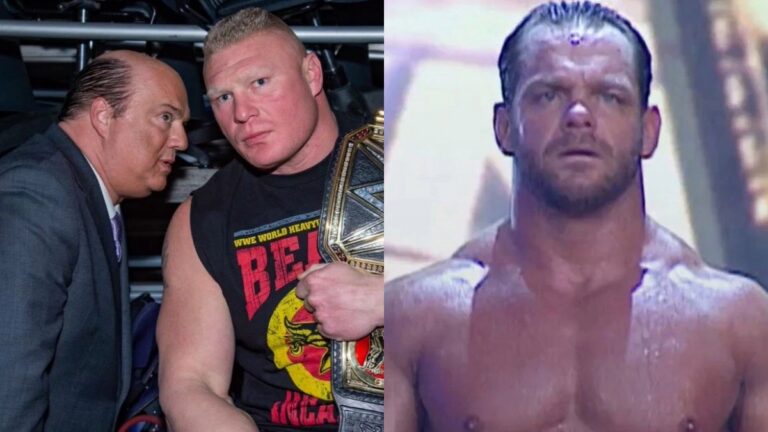 WWE's Paul Heyman and Brock Lesnar next to Chris Benoit
