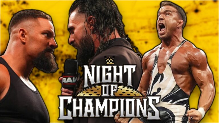 WWE Night of Champions logo with Bron Breakker, Seth Rollins and Chad Gable