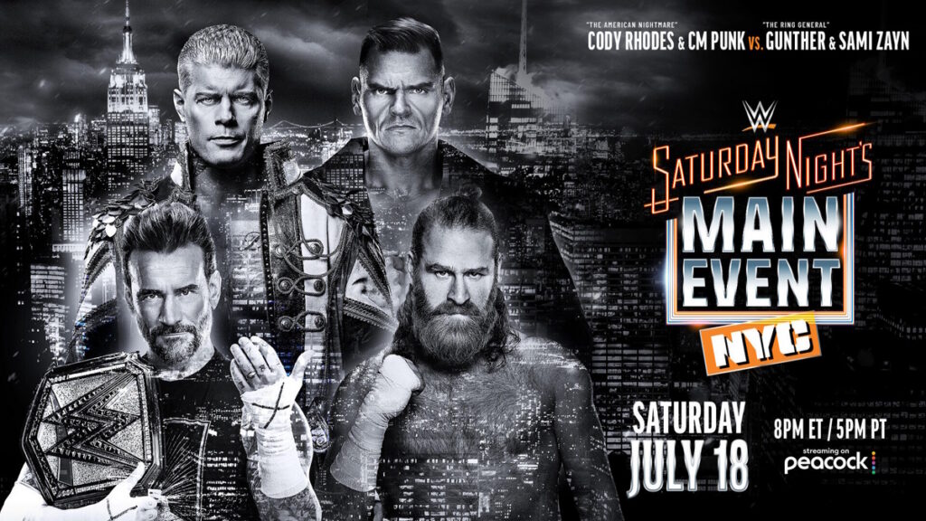 Poster for CM Punk & Cody Rhodes vs. GUNTHER & Sami Zayn at WWE Saturday Night's Main Event