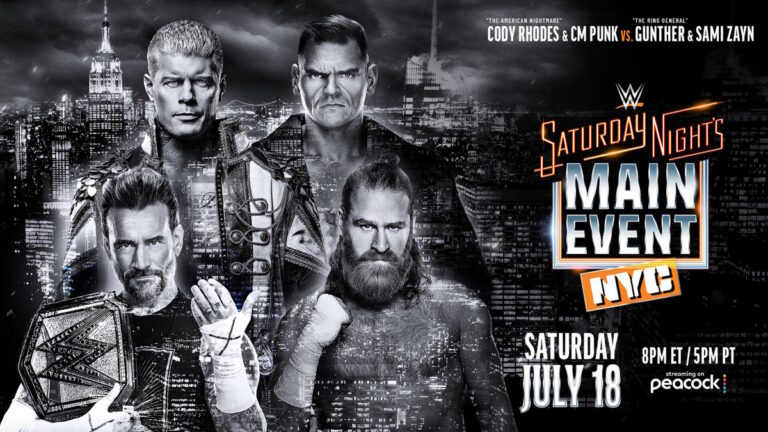 Poster for CM Punk & Cody Rhodes vs. GUNTHER & Sami Zayn at WWE Saturday Night's Main Event