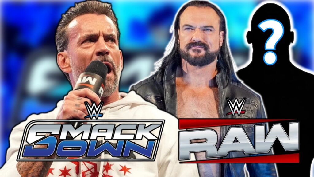 WWE SmackDown and Raw logos with CM Punk and Drew McIntyre