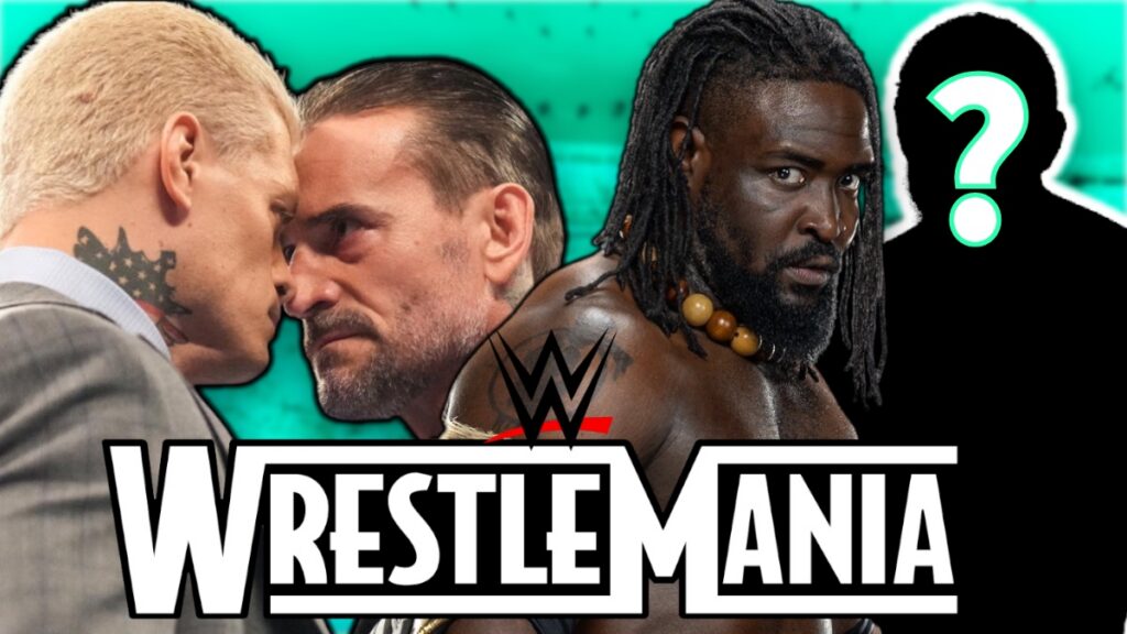 WWE WrestleMania logo with Oba Femi, Cody Rhodes and CM Punk