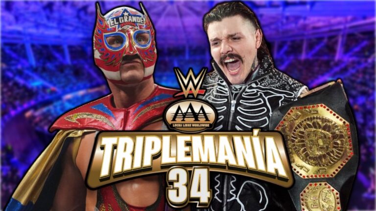 WWE AAA TripleMania 34 logo, El Grande Americano and Dominik Mysterio