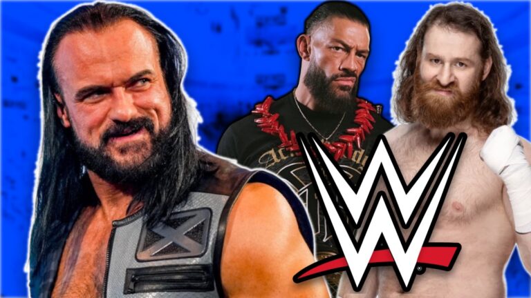 WWE logo with Roman Reigns, Sami Zayn and Drew McIntyre