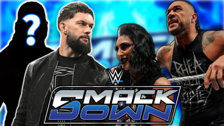 WWE SmackDown logo with Finn Balor, Rhea Ripley and Damian Priest