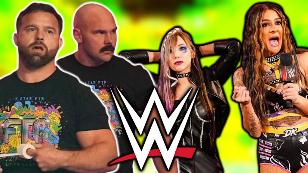 WWE logo, FTR, Kairi Sane and Dakota Kai