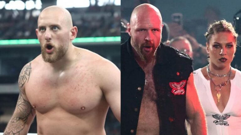 Gabe Kidd next to AEW's Jon Moxley and Marina Shafir of the Death Riders