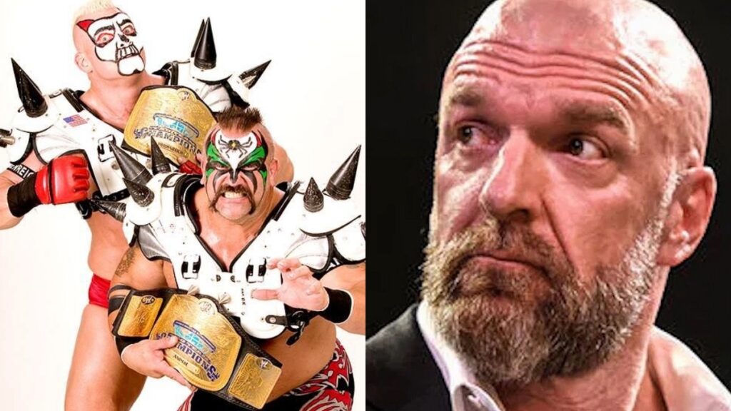 Heidenreich & Road Warrior Animal as Legion of Doom, next to WWE's Triple H