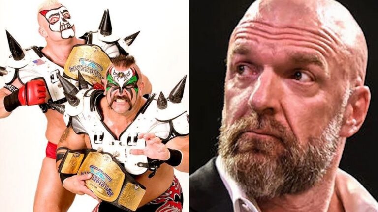 Heidenreich & Road Warrior Animal as Legion of Doom, next to WWE's Triple H