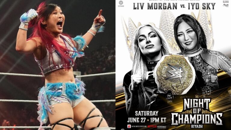 IYO SKY next to the WWE Night of Champions graphic with Liv Morgan