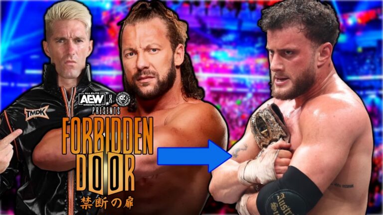 AEW Forbidden Door logo with Kenny Omega, Zack Sabre Jr. and MJF
