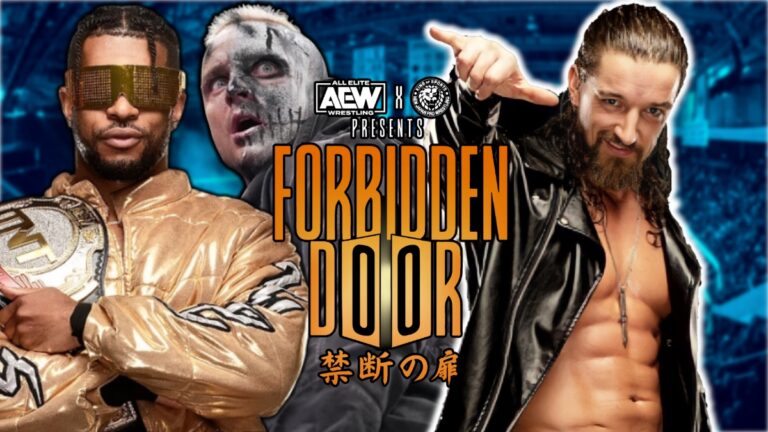 AEW Forbidden Door logo with Darby Allin, Kevin Knight & Jay White