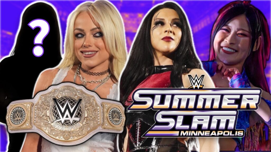 WWE SummerSlam 2026 logo with the Women's World Title, Liv Morgan, Stephanie Vaquer and IYO SKY