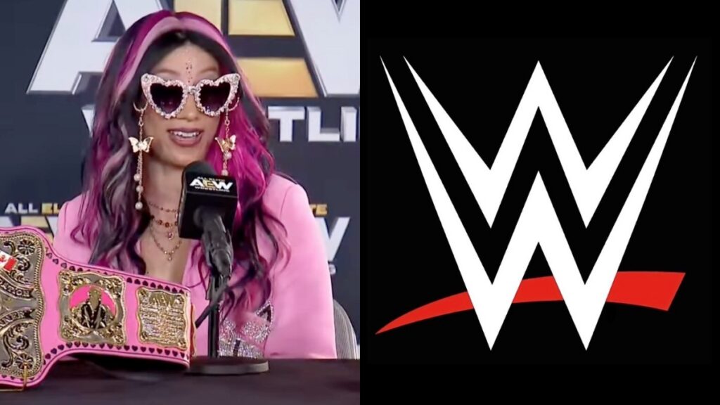 AEW's Mercedes Mone at the Forbidden Door press conference next to a WWE logo