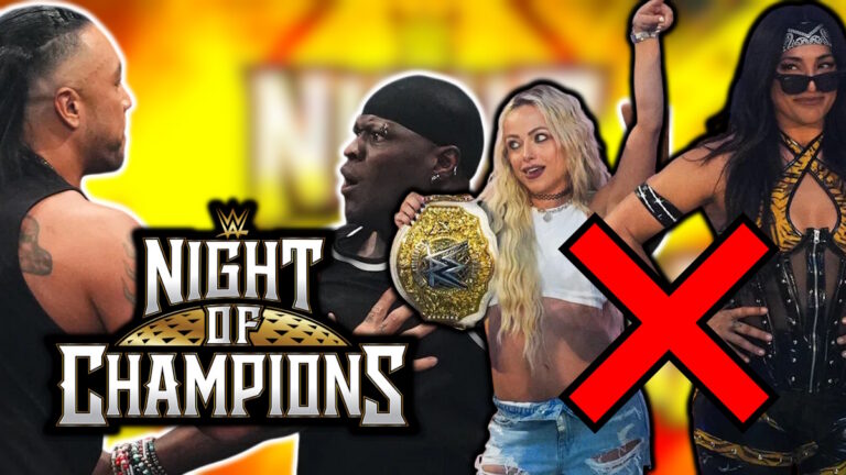 WWE Night of Champions logo, Damian Priest, R-Truth, Liv Morgan and Raquel Rodriguez