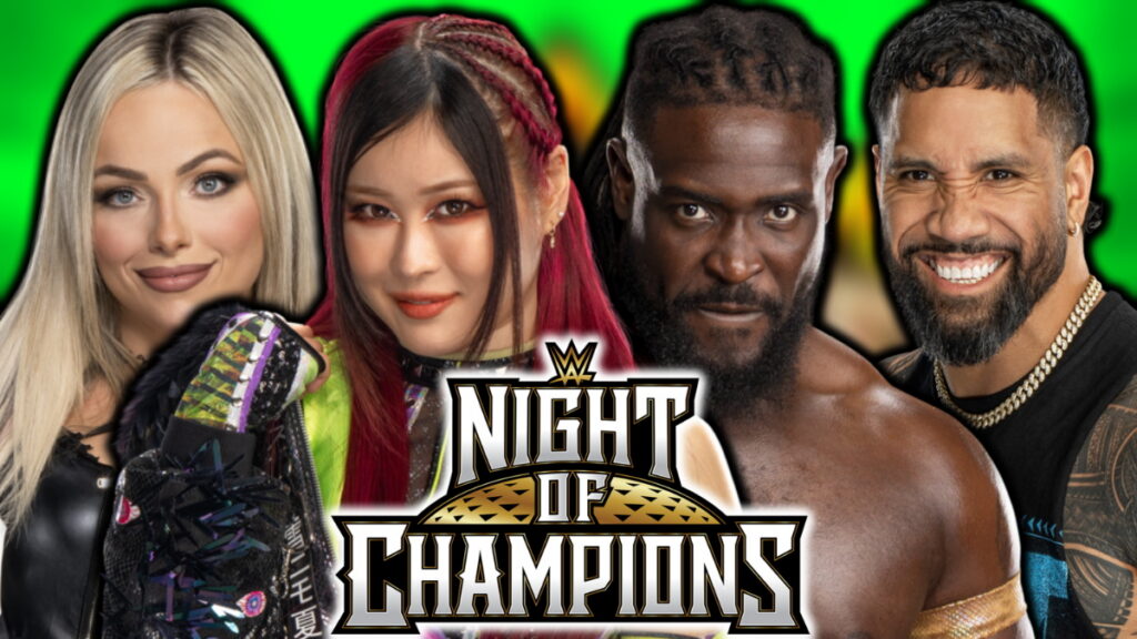 WWE Night of Champions logo, IYO SKY, Liv Morgan, Oba Femi and Jey Uso