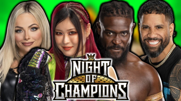 WWE Night of Champions logo, IYO SKY, Liv Morgan, Oba Femi and Jey Uso
