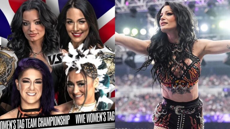 WWE's Paige alongside match graphic for her & Brie Bella's WWE Women's Tag Team Title Match against Bayley & Lyra Valkyria on Raw