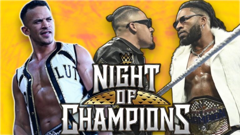 WWE Night of Champions logo with Ricky Saints, Carmelo Hayes and Trick Williams