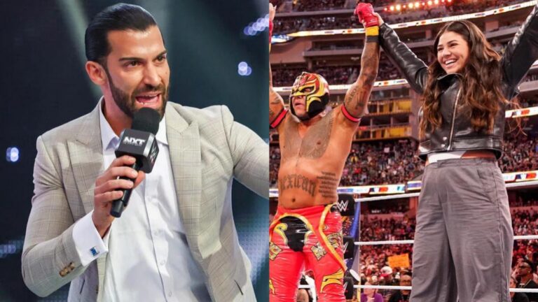 WWE NXT General Manager Robert Stone next to Rey Mysterio and Aalyah Mysterio