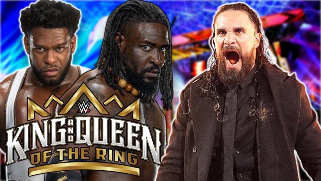 WWE King & Queen of the Ring logo with Oba Femi, Seth Rollins and Royce Keys