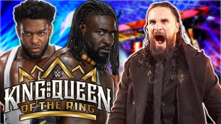 WWE King & Queen of the Ring logo with Oba Femi, Seth Rollins and Royce Keys