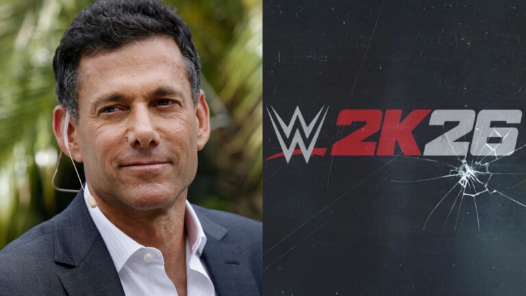 Take-Two CEO Strauss Zelnick and WWE 2K26 logo