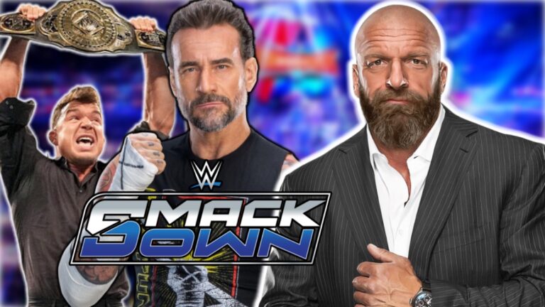 Triple H with CM Punk, Chad Gable and WWE SmackDown logo