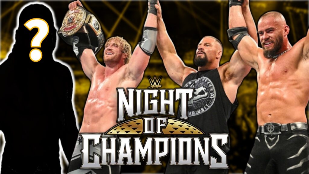 WWE Night of Champions logo with Logan Paul, Austin Theory and Bron Breakker
